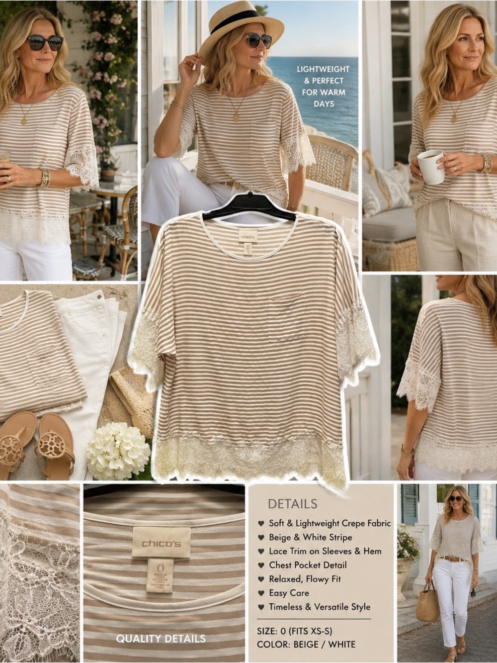 Chico’s Lace Trim Blouse Size 0 Beige White Stripe Coastal Cottagecore Boho Chic
